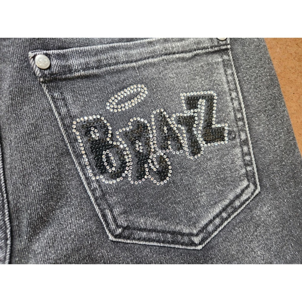 Forever 21 Bratz Flare Jeans 25 Black Y2K Rhinestone Logo Distressed Raw Hem - Picture 15 of 16